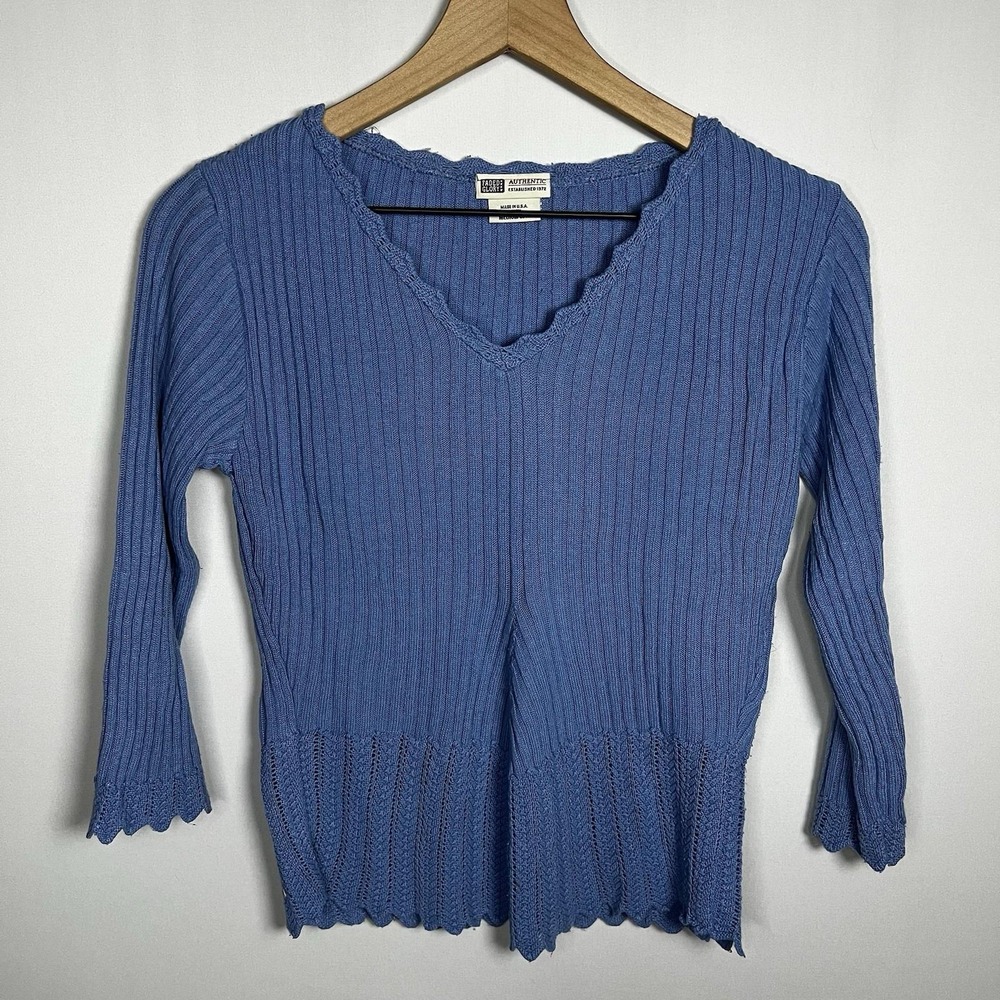 Vintage Faded Glory Sweater Women Size Medium Blue V-Neck Trim‎ Detail Knit Top